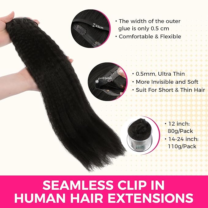 Lashey Clip in Hair Extensions Real Human Hair 110g Kinky Straight Seamless Clip in Hair Extensions Natural Black 22 Inch Human Hair with Invisi Edge for Black Women