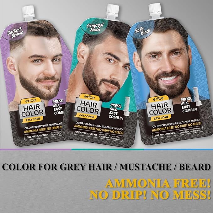 Edbe Hair Color Easy Comb Oriental Black (2 Pack) - Grey Hair Mustache and Beard Coloring for Men with One Application Kit…