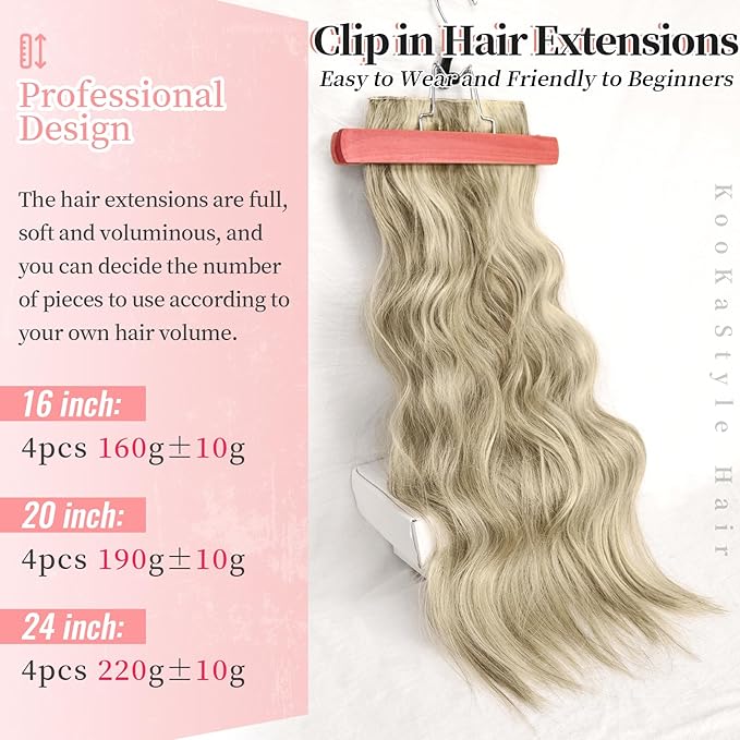 KooKaStyle Clip in Synthetic Highlight Hair Extensions Long Wavy 4PCS Thick Hairpieces Ashy Beige Blonde Balayage Fiber Double Weft Natural Hair Extensions 20 Inch for Women
