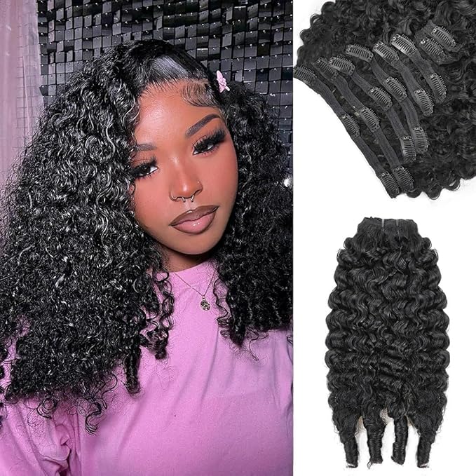 Burmese Curly Clip in Hair Extensions Real Human Hair, 8Pcs Remy Human Hair Clip in Extensions for Women, Natural Soft Human Hair, 120g 14inch #1B Natural Black