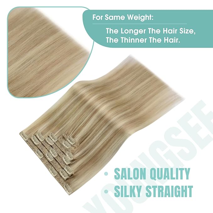 YoungSee Blonde Clip in Hair Extensions Highlighs Honey Blonde Human Hair Clip in Extensions Strawberry Blond Highlights Real Human Hair Extensions Clip ins 22inch 120g
