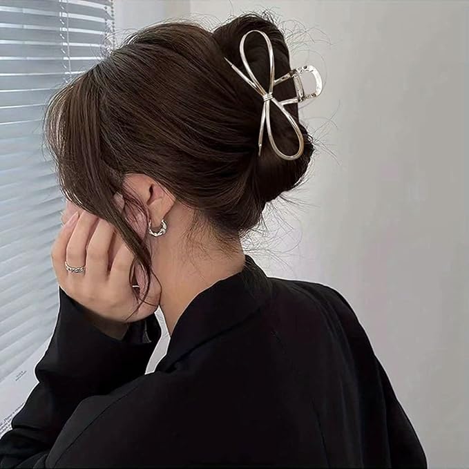 Metal Bow Hair Claw Clips Large Bowknot Hair Clips for Thin Thick Hair Accessories for Women Girls Silver Strong Hold Nonslip