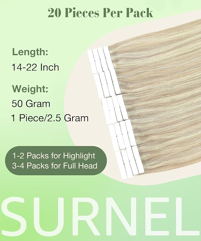 SURNEL Tape in Hair Extensions Ash Blonde Highlight Bleach Blonde Human Hair Tape in Extensions 14inch 20pcs 50g(#18P613-14)