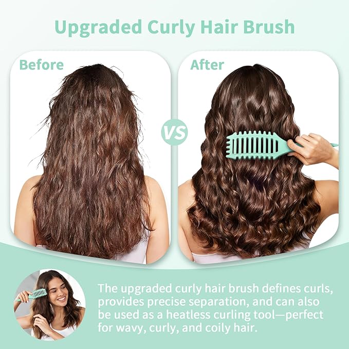 Curl Defining Brush, 4-in-1 Curly Hair Brush – Flexible Styling Brushes for Women and Men, Curls Detangling Hairbrush Featuring a Crescent Shape and Ultra-Smooth Bristles for Wet & Dry Hair - Green