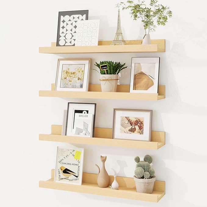 Picture Ledge Shelf, Solid Pine Wood Floating Shelves Set of 4, 16 Inches Nursery Book Shelves for Toys Storage, Kids Bookshelf Wall Mounted for Living Room Decor Photo Frames, Unfinished Natural