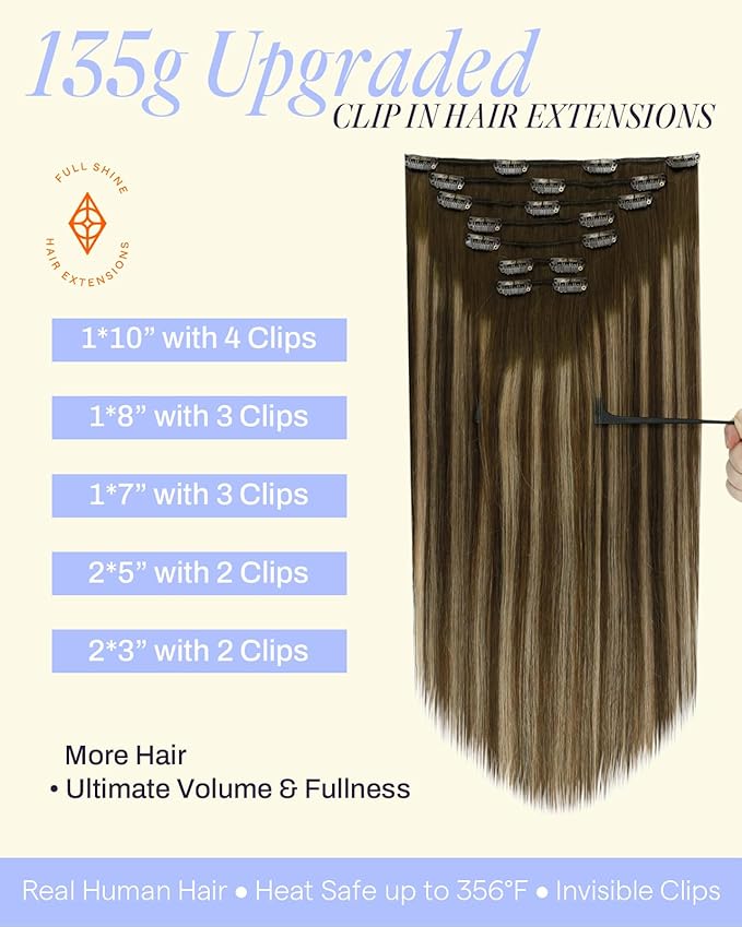 Full Shine Clip in Extensions for Thin Fine Hair 16 Inch Balayage Medium Brown to Caramel Blonde Seamless Clip in Hair Extensions Straight 7 Pcs 135 G