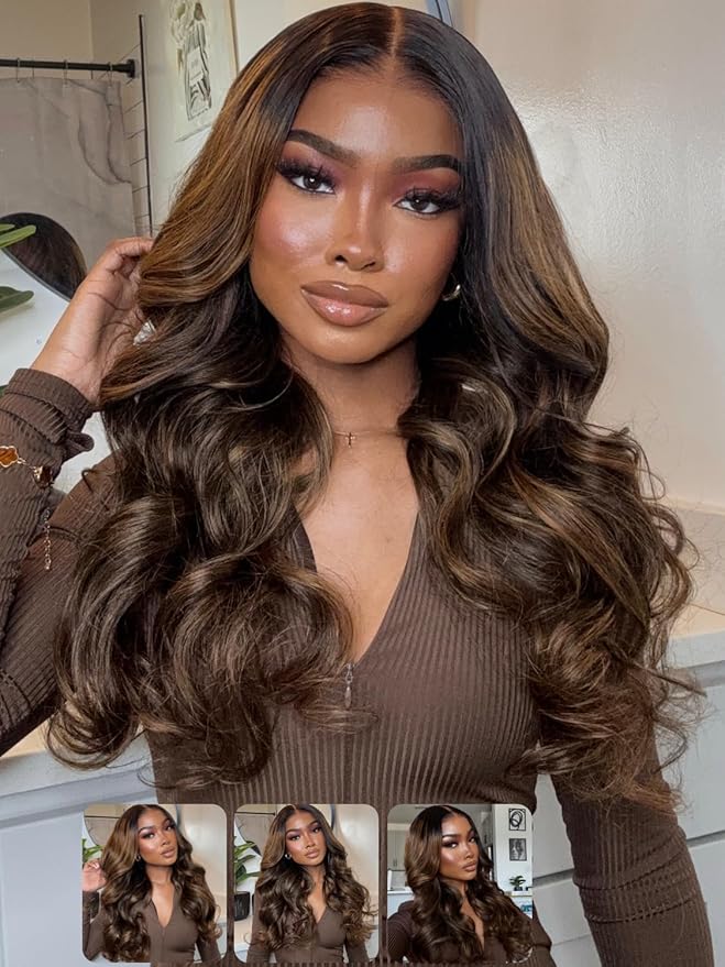 KLAIYI Ombre Brown Body Wave Lace Front Wigs Human Hair Highlight Balayage 13x4x1 T Part Ear to Ear Lace Wig Pre Plucked with Baby Hair Easy to Wear and Go Wigs for Black Women Natural Hairline 24Inch