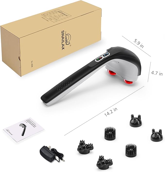 Snailax Cordless Handheld Back Massager with Heat, Deep Tissue Percussion Massager, 3 Sets of Dual Pivoting Heads,Rechargeable Hand Held Massager for Neck,Back Shoulder,Calf,Legs