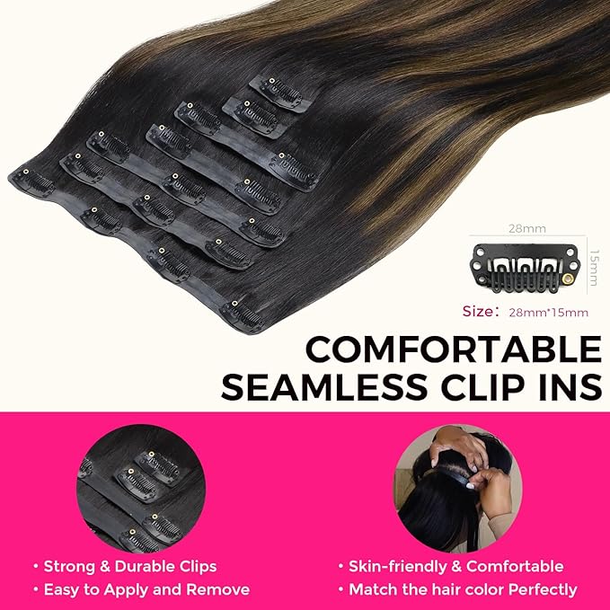 Lashey Seamless Clip in Hair Extensions Human Hair Light Yaki 14 Inch 110g 7pcs Natural Black Mixed Chestnut Brown Clip in Hair Extensions Human Hair for Black Women