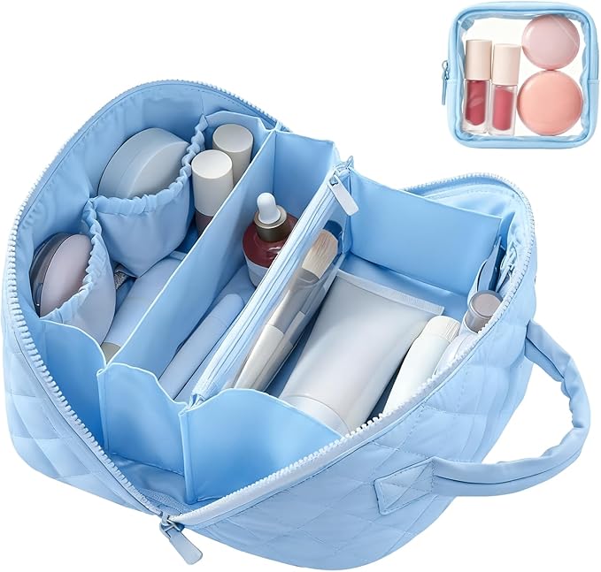 Cosmetic Bag for Travel, Large Capacity Pouch Purse Organizer, Waterproof Puffy Padded Make Up Toiletry Bag for Women (Blue)