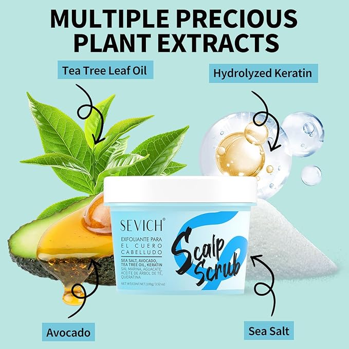 SEVICH Scalp Scrub with Massager for Refreshing Degreasing Version,Deep Cleansing Scrub with Tea Tree Oil & Sea Salt, Dandruff Treatment for Buildup Removal, 100g