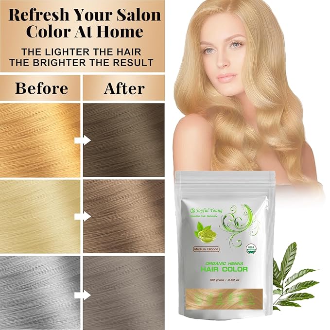 100% Organic Henna Hair Color – Natural, Chemical-Free Hair Dye for Rich, Vibrant Color & Gloss – Grey Coverage, Safe for All Hair Types, Vegan Non-Toxic, Herbal Hair Treatment (MEDIUM BLONDE)