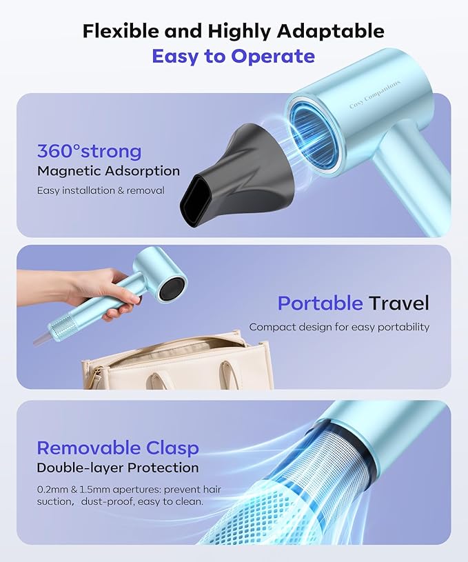 Cosy Companions Hair Dryer, 130000 RPM High Speed Blow Dryer for Fast Drying, 300 Million Negative Ions, Heat-Control & Lightweight, Blue