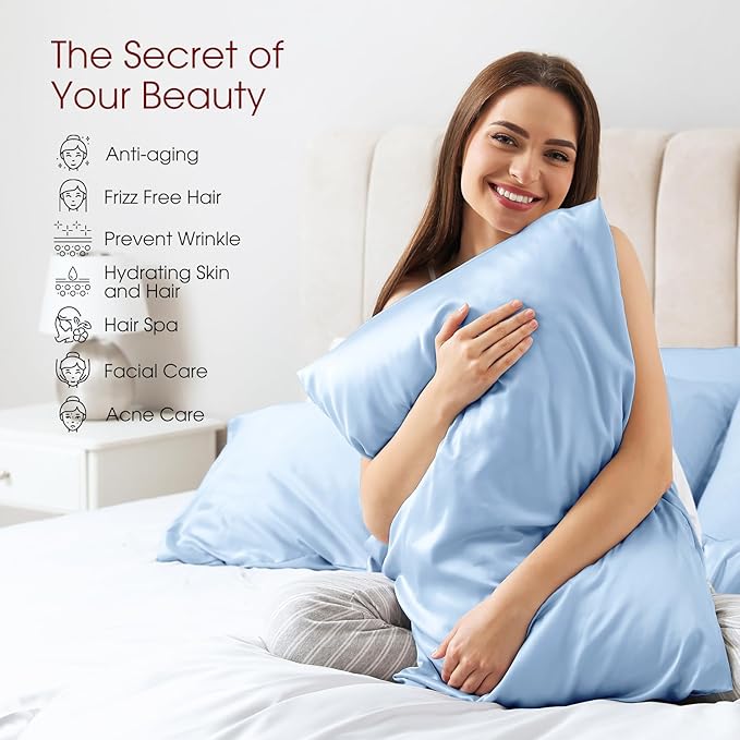 100% Silk Pillow Cases 2 Pack Standard Size Mulberry Silk Pillowcase for Hair and Skin Set of 2 Highest Grade 6A Silk Soft Breathable Cooling with Hidden Zipper, Sky Blue