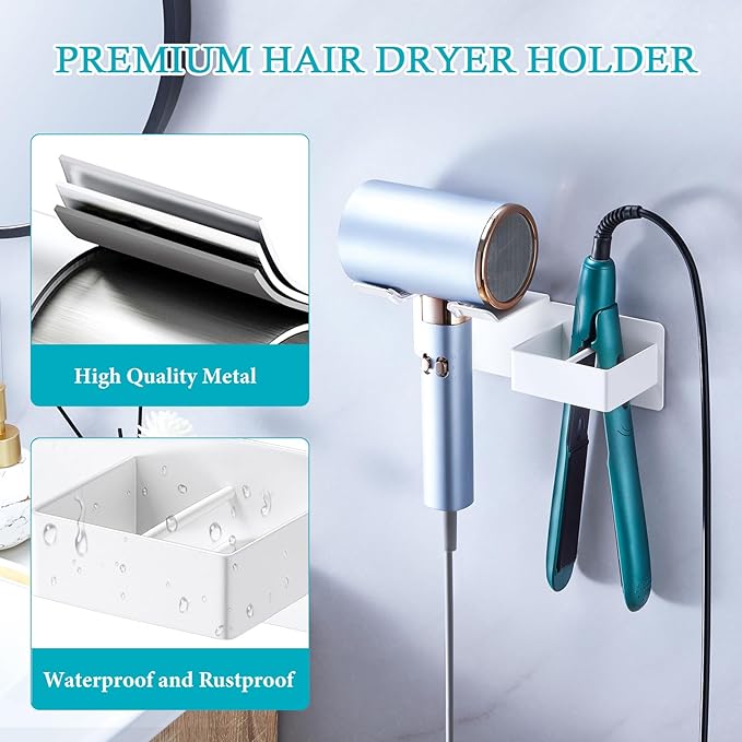 Hair Dryer Holder, Hair Straightener Holder Wall Mount, Hair Tool Organizer, Hairdryer and Straightener Holders, Adhesive Hair Tool Storage for Blow Dryer, Curling Iron, Flat Iron Stand (White)