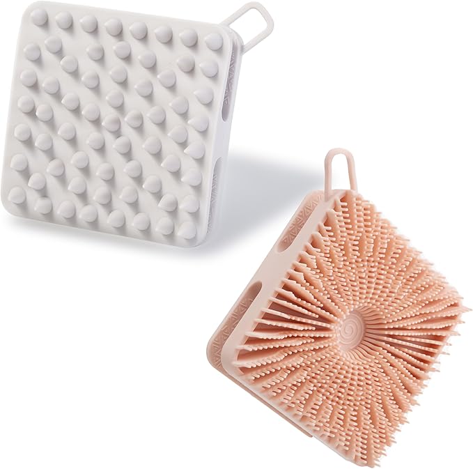 2 PC Silicone Exfoliating Body Scrubber, Silicone Body Shampoo Brush, Soft Silicone Loofah for Sensitive Skin, Shower Silicone Hair Scalp Massager, Easy to Clean, Lather Well(Gray&Pink)