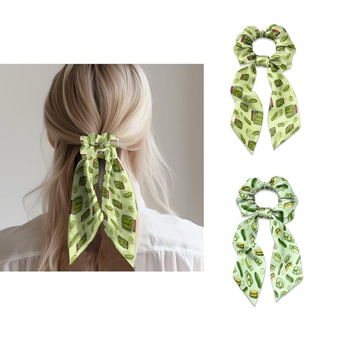 2 Pcs Light Green Yoga Hair Scrunchies with Ribbon Pickle Ribbon Scrunchies for Ponytail Womens Elastic Satin Hair Ties Knotte Bow