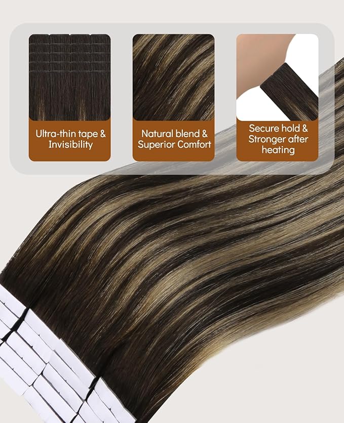 VINBAO Injected Tape in Hair Extensions Balayage Dark Brown Mixed Chestnut Brown 50g 18in 20pcs Invisi Edge Tape in Extensions Human Hair Natural Full 18inch #2/6/2