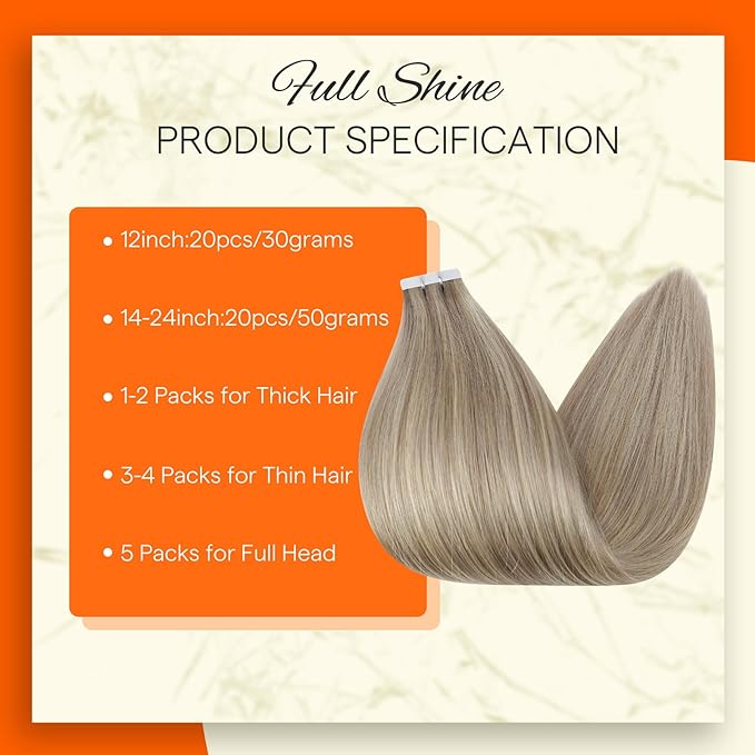 Full Shine Seamless Tape in Hair Extensions 12Inch Color 18 Ash Blonde Highlight 613 Blonde Double Side Invisible Tape in Extensions Short Straigh Real Human Hair 30 Gram Add Volume 20Pcs for Party