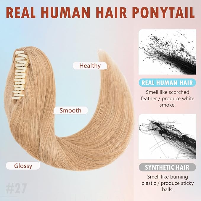 Hairro Claw Clip Ponytail Human Hair Extensions Jaw On Ponytails Remy Long Straight Jaw/Claw Clips Pony Tail Hairpieces For Women 20 Inch 120g #27 Dark Blonde