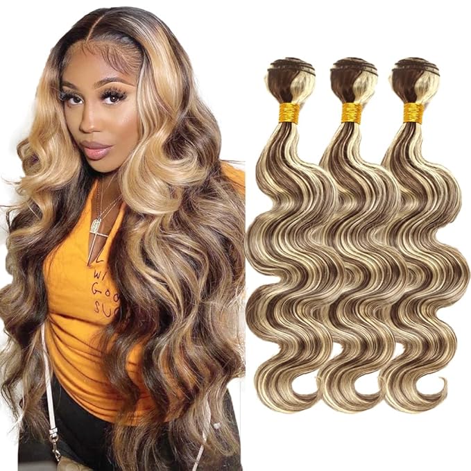 P4/613 Body Wave Bundles Human Hair Highlight Bundles Niegmeag 2 Tone Blonde Mixed With Brown Human Hair Bundle 14 16 18 Inch Brazilian Virgin Remy Hair Extensions
