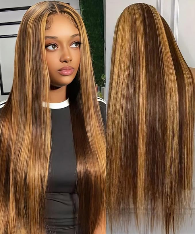 13x6 Lace Front Wigs Human Hair Highlight Ombre HD Lace Frontal Wig Pre Plucked Tangle-Free 200 Density Brown 4/27 Colored Real Virgin Human hair Wig Can Last 6-9 Months 28 Inch
