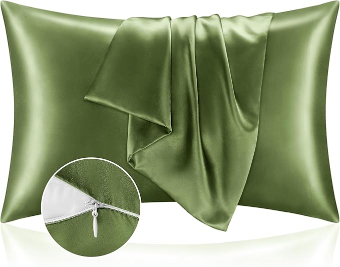 BEDELITE Satin Pillowcase with Zipper, Cedar Green Pillow Cases Queen Size Set of 2, Super Soft and Cooling Similar to Silk Pillow Cases, Gift for Women Men(20x30 Inches)