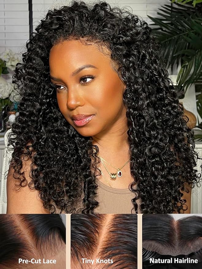 Julia Hair Bye Bye Knots Glueless Wig Curly Pre Cut Lace Front Wigs Human Hair for Women 12A Upgrade 7x5 Lace Closure Wig Pre Plucked with Pre Bleached Knots Put on and Go Natural Color 18 Inch