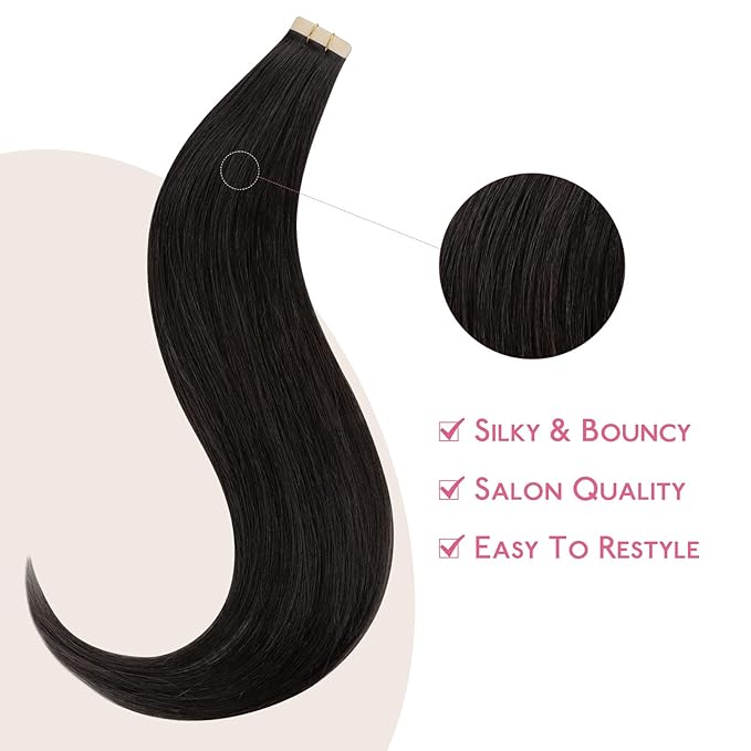 WENNALIFE Tape in Hair Extensions Human Hair Natural Black Tape in Extensions, 10pcs 20g 12 inch Remy Invisible Tape Ins Straight Colored Soft Real Human Hair Tape in Extensions Refill Set Extensions