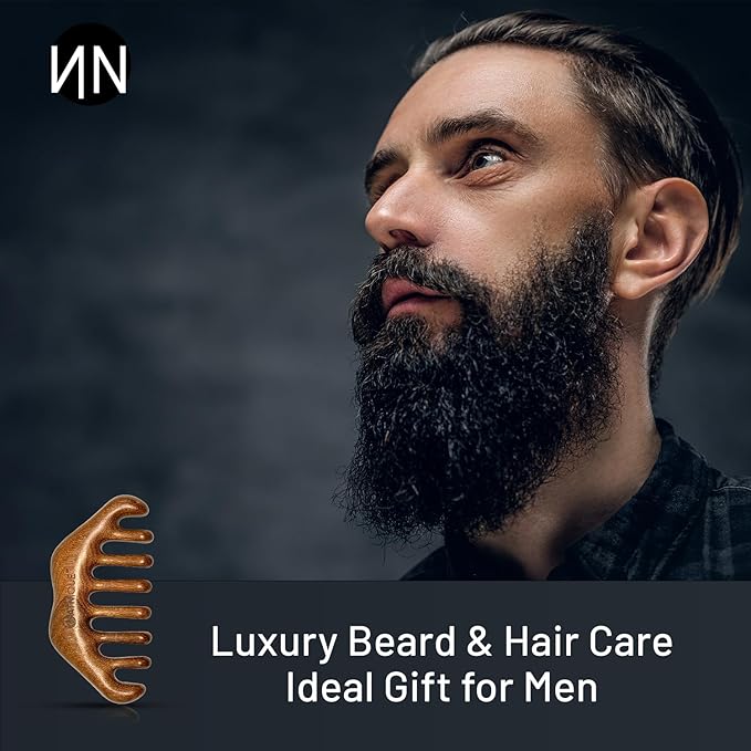Natnique Wooden Scalp Massager – Handmade Natural Sandalwood Wide Tooth Hair & Beard Comb with Storage Bag – Anti-Static Grooming Tool for Scalp Massage, Detangling, and Daily Care