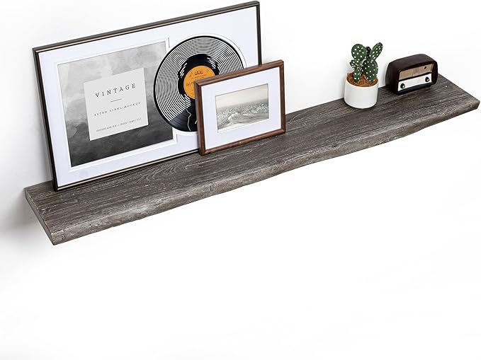 Floating Shelves for Wall, 55"x9.3" Rustic Solid Live-Edge Elm Wood Wall Shelves, Heavy-Duty Floating Shelves with Invisible Brackets, Set of 2 for Living Room, Bedroom, and Kitchen, Grey Finish