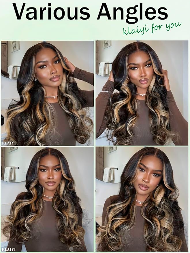 KLAIYI Ombre Highlight Blonde Loose Body Wave Bye Bye Knots Glueless Wigs Human Hair 7x5 Precut Lace Front Pre Plucked Bleached Ready to Wear Go Wig with Face Framing Curtain Bang Caramel Brown 20Inch