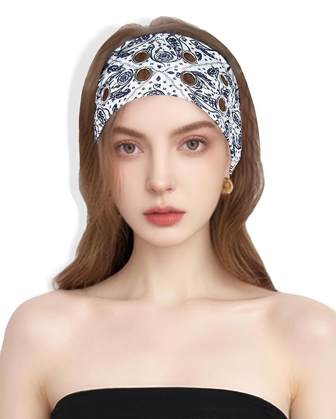Grommet Headband for Women, White Paisley 23cm Hollow Out Elastic Hair Band, Eyelets Punk Grunge Stylish Hairband