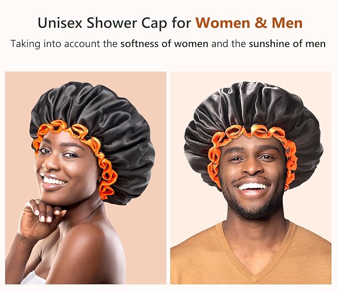 mikimini Black Shower Cap, Double Layers Waterproof Bathing Hair Cap with Reusable Soft Comfortable PEVA Lining, Cute, Non-fading & Stretchy Shower Hat Medium (Pack of 1) Black + Orange