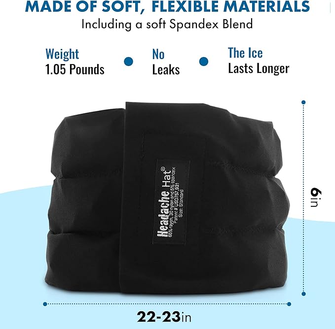 Headache Hat Halo - Migraine Relief Cap Long Lasting Cooling Ice Pack Mask - Cold Compress Head Wrap for Tension, Stress & Hangover Natural Cooling Therapy