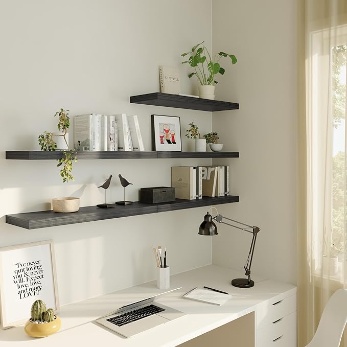Large Floating Shelves for Wall Set of 3 Wooden Wall Shelves 30 in x 12.75 in x 2 in Room Decor Long Shelf with Invisible Wall Mount Bracket for Bedroom Kitchen Living Room Black Wood