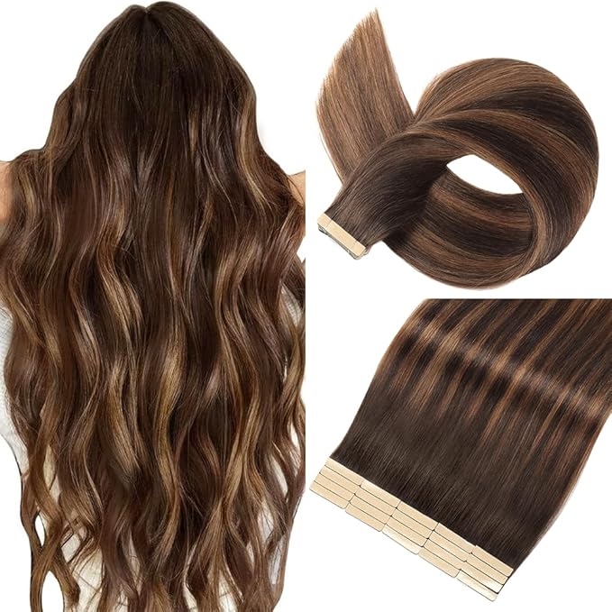 Tape in Hair Extensions Human Hair Dark Brown to Mixed Chestnut Brown 22 Inch 20Pcs Tape Ins for Women Straight Invisible Seamless Remy