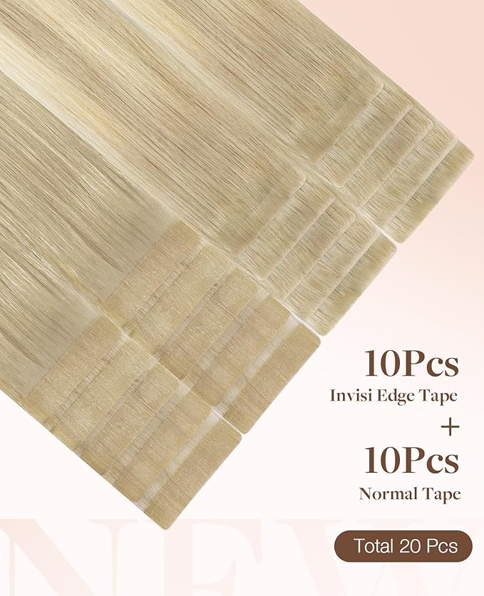GOO GOO Invisi Edge Tape in Hair Extensions Human Hair, 18ET90A Natural Blonde Balayage10pcs injected with 10pcs classical tape ins, 20inch 50g, Virgin Remy Hair, Natural Look