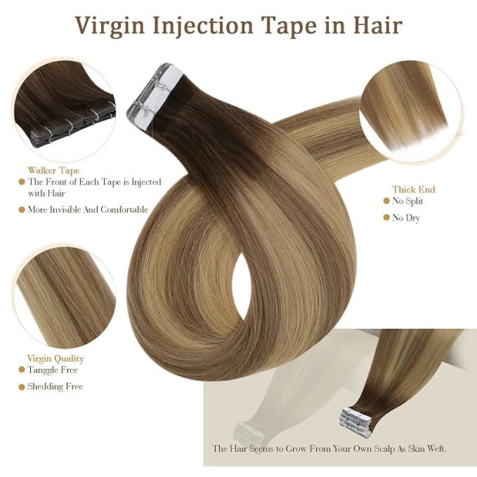 Full Shine Injected Tape in Hair Extensions 5Pcs 18 Inch Virgin Injection Tape in Extensions Color 3 Brown Fading to 8 Ash Brown And 22 Blonde Unprocessed Seamless Tapes in Human Hair 12.5 Gram