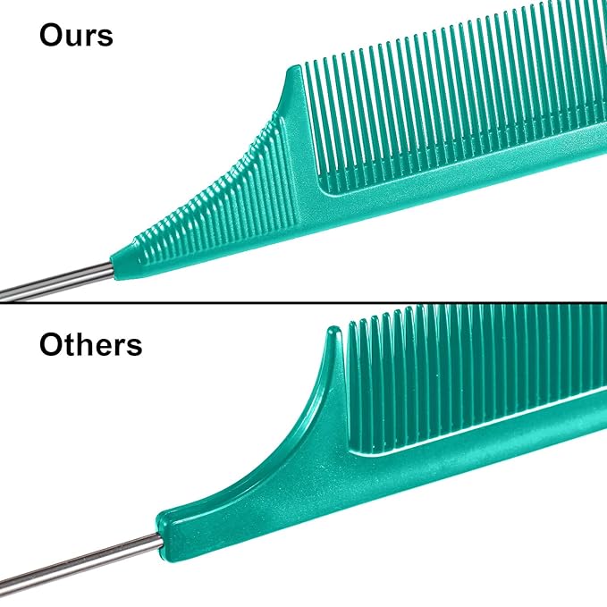 3 Packs Rat Tail Comb Steel Pin Rat Tail Carbon Fiber Heat Resistant Teasing Combs with Stainless Steel Pintail (Green)