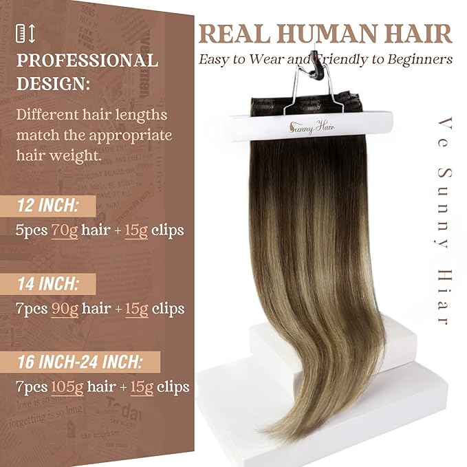 Ve Sunny Clip in Hair Extensions Black Ombre Hair Extensions Clip ins Black Balayage Brown with Caramel Blonde Human Hair Clip in Extensions for Women 14Inch 100g