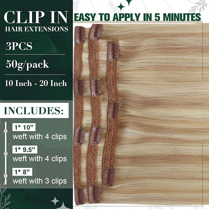 RUNATURE Blonde Clip in Hair Extensions, Real Human Hair Clip in Extensions, Short Hair Extensions Clip Ins, Remy Natural Hair For Women, Add Hair Volume, 12 Inch 50g 3pcs #18P60 Ash Blonde Highlight