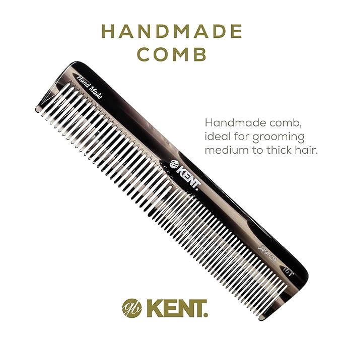 Kent 16T G Black Graphite Fine and Wide Tooth for Daily Grooming,Handmade Styling Comb for All Hair Types,Wet or Dry Hair Detangling Comb for Men and Women,Saw Cut Hand Polished,Made in England