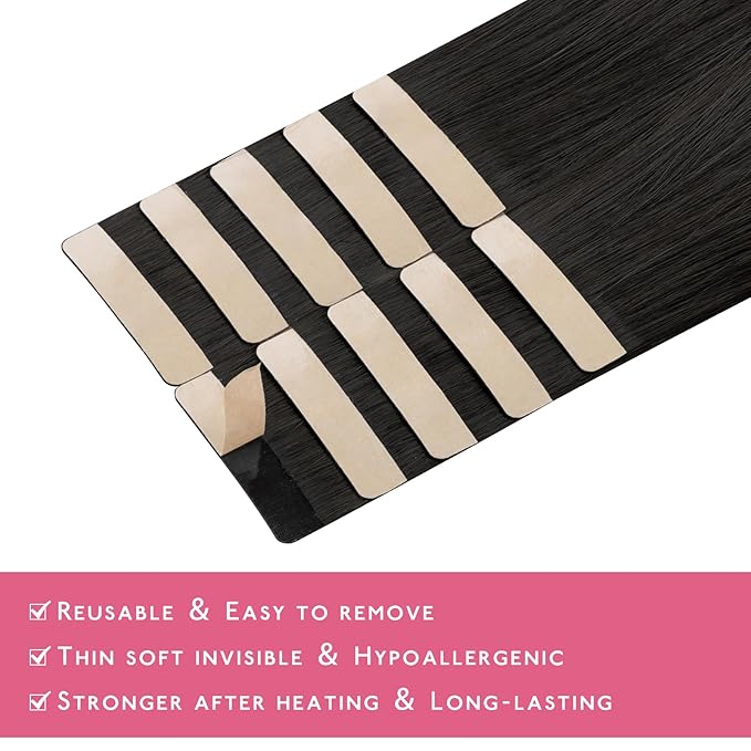 Wennalife Tape in Hair Extensions Human Hair Natural Black Tape in Extensions, 10pcs 30g 26 inch Remy Invisible Tape Ins Straight Colored Soft Real Human Hair Tape in Extensions Refill Set Extensions