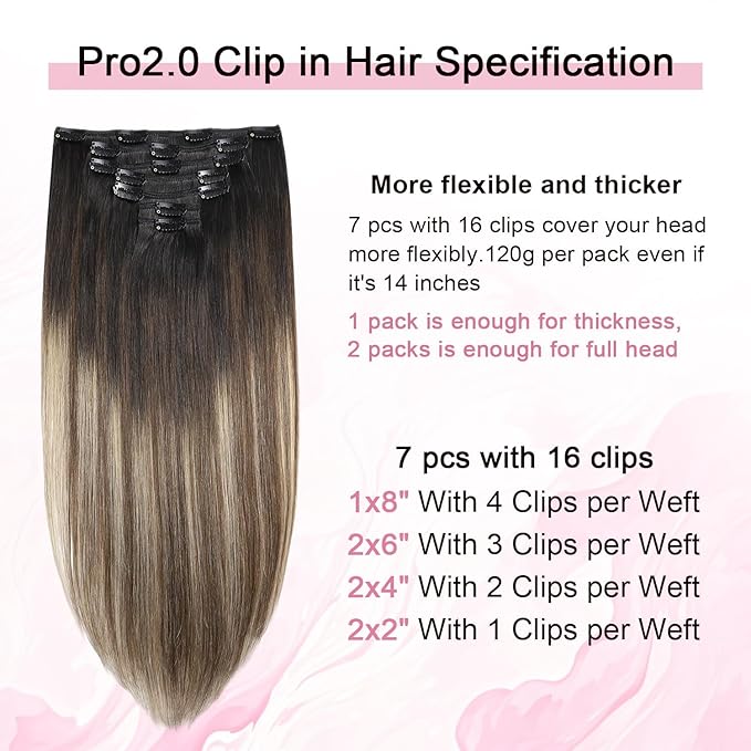 Pro2.0 Remy Real Human Hair Extensions Clip ins 120g Thick 7pcs #1b/4/27 Natural Black to Chocolate Brown and Caramel Blonde Clip in Hair Extensions Real Human Hair 16inch（#1b/4/27-16inch）