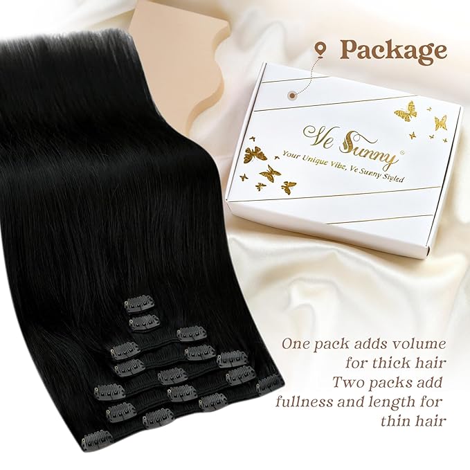 Ve Sunny Human Hair Clip in Extensions, Clip in Extensions Real Human Hair, Black Clip in Hair Extensions Straight Hair Extensions for Thin Hair 16inch 120g 7pcs