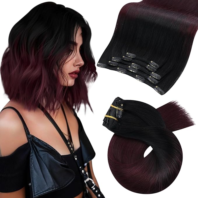 Moresoo Red Wine Clip in Hair Extensions Human Hair Balayage Natural Black to Dark Red Hair Extensions Clip ins Short Ombre Black to Burgundy Double Weft 80g/5pcs 14 inch