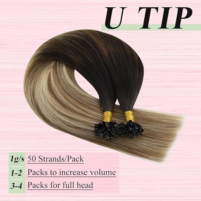 YoungSee U Tip Hair Extensions Human Hair Balayage Utip Hair Extensions Dark Brown Ombre Brown with Blonde Hot Ktip Fusion Hair Extension U Tip Human Hair Extension for Short Hair 14In 50s/50g