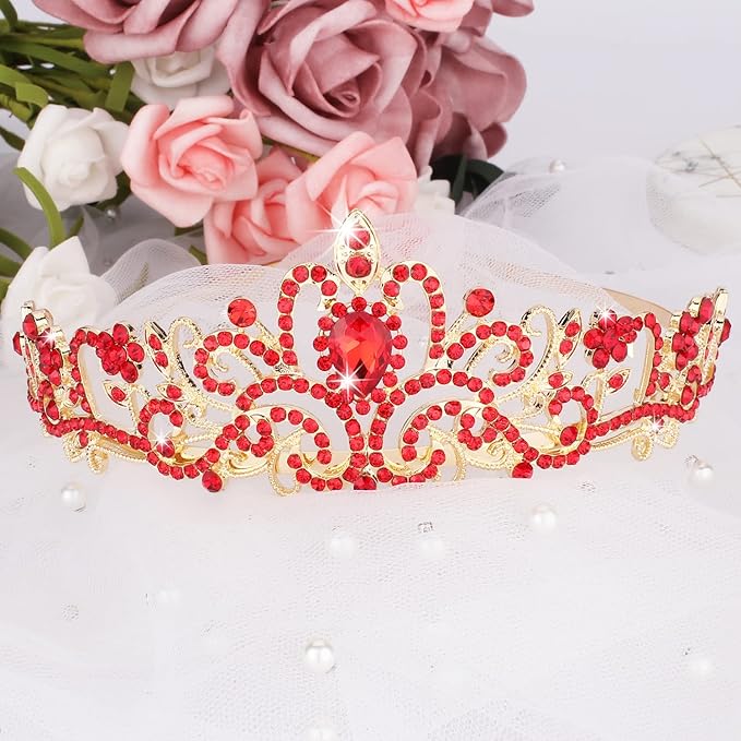 Didder Gold Tiaras for Women, Red Rhinestones Tiaras and Crowns for Women Elegant Princess Crown with Combs Tiaras for Girls Wedding Crowns for Brides Women's Headbands Prom Birthday Party