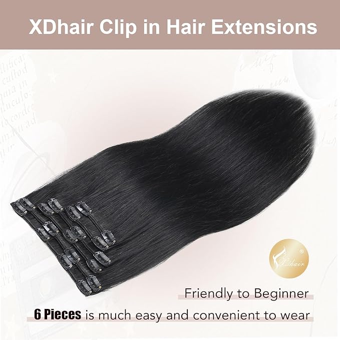 XDhair Clip in Hair Extensions Human Hair 120g 18Inch Black Clip Remy in Hair Extensions 6Pcs Straight Real Hair for Women (#1,18Inch)